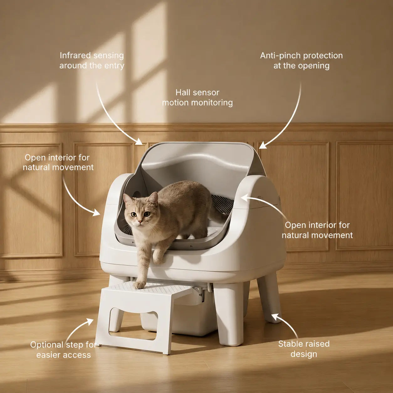 The Purr-fect Poop Palace: The Cat's Throne of Self-Cleaning Awesomeness with a Front Step for Fancy Felines and Triple Safety Features – No Tech Support Needed!