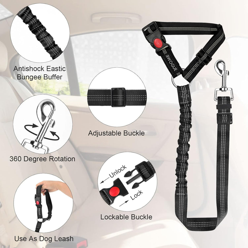 2 Packs Dog Cat Safety Seat Belt Strap Car Headrest Restraint Adjustable Nylon Fabric Dog Restraints Vehicle Seatbelts Harness Black Elastic Bungee