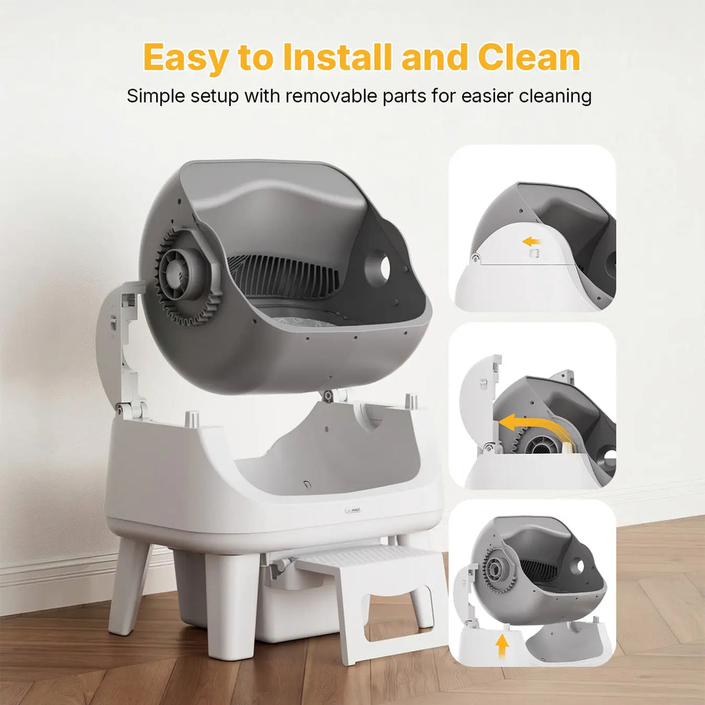The Purr-fect Poop Palace: The Cat's Throne of Self-Cleaning Awesomeness with a Front Step for Fancy Felines and Triple Safety Features – No Tech Support Needed!